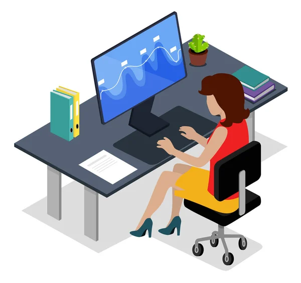 Mujer analizando datos en el ordenador portátil, freelancer en casa — Vector de stock