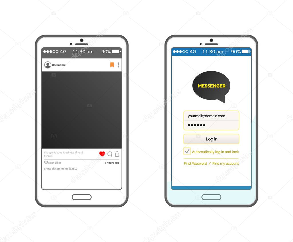Korean messenger vector, interface on smartphone. Isolated flat style, asian social network for international communication, photograph with hashtags