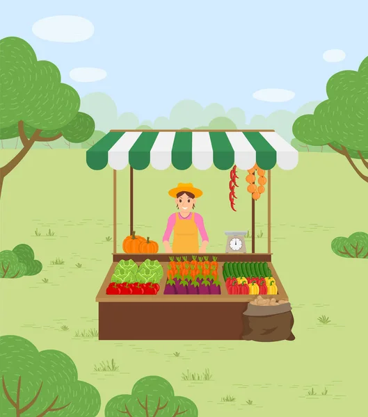Фермер продает овощи в осенний период жатвы — стоковый вектор