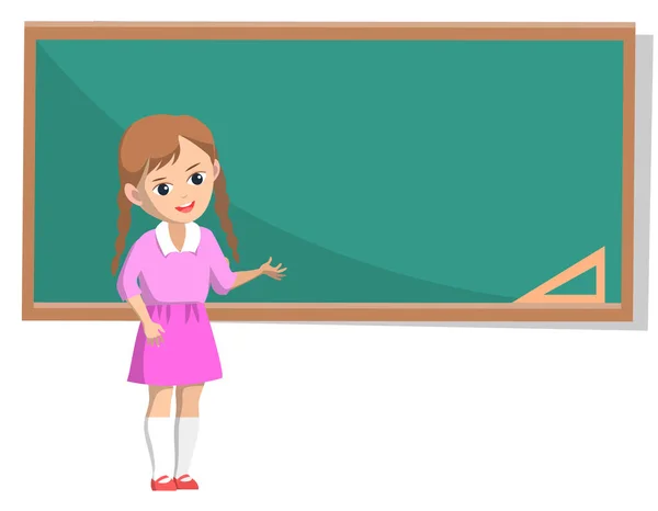 Menina com tranças em rosa perto da escola Chalkboard — Vetor de Stock
