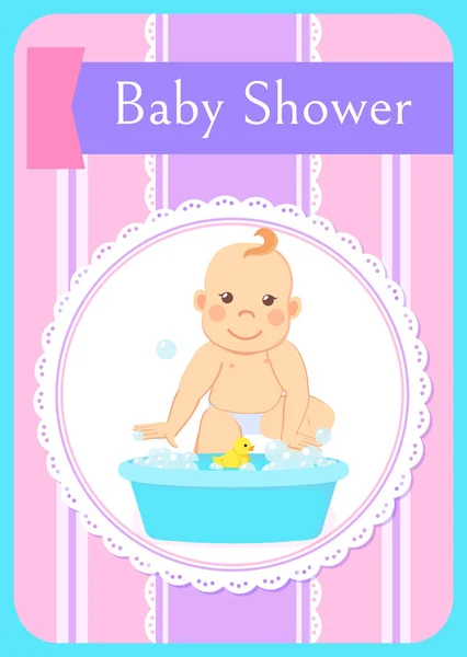 ベビーシャワーグリーティングカード、盆地の幼児入浴 — ストックベクタ