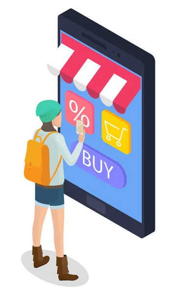 Mulher usa telefone e Internet para compras online — Vetor de Stock