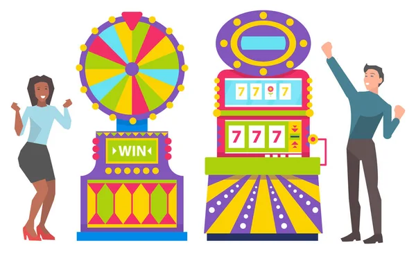 Люди грають в ігрові автомати, азартні ігри жінки — стоковий вектор