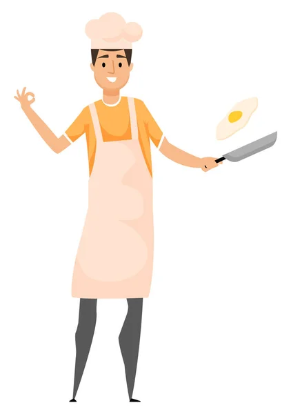 Hobby Culinary, Man Cooking, Frying Egg Vector — 스톡 벡터