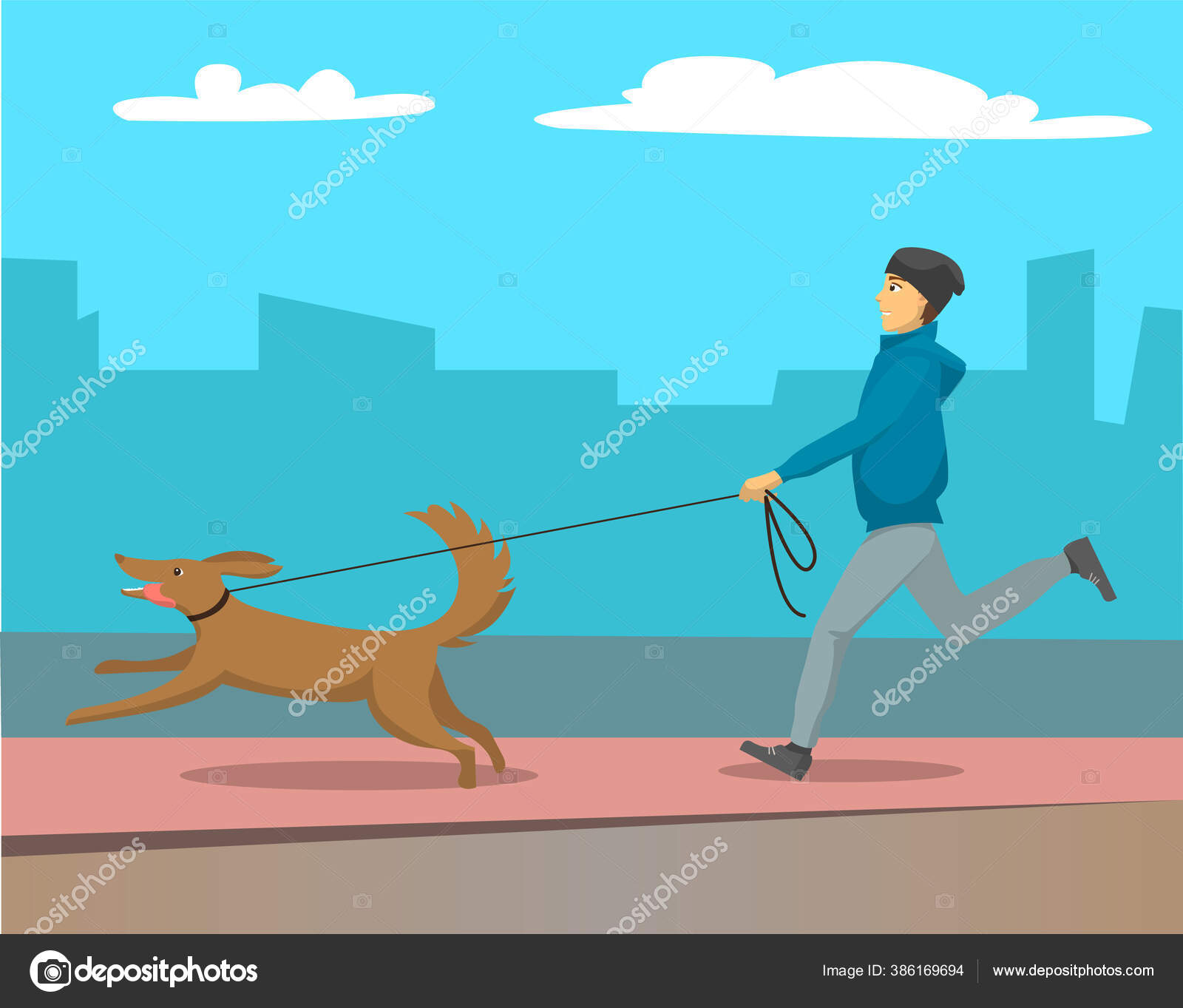 Mann läuft mit Hund an der Leine im Freien, Stadtbild Stock-Vektorbild von  ©robuart 386169694, image size:1600x1363