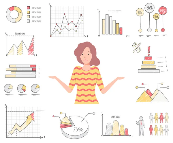 Verwirrte Frau zwischen Diagrammen und Diagrammen — Stockvektor