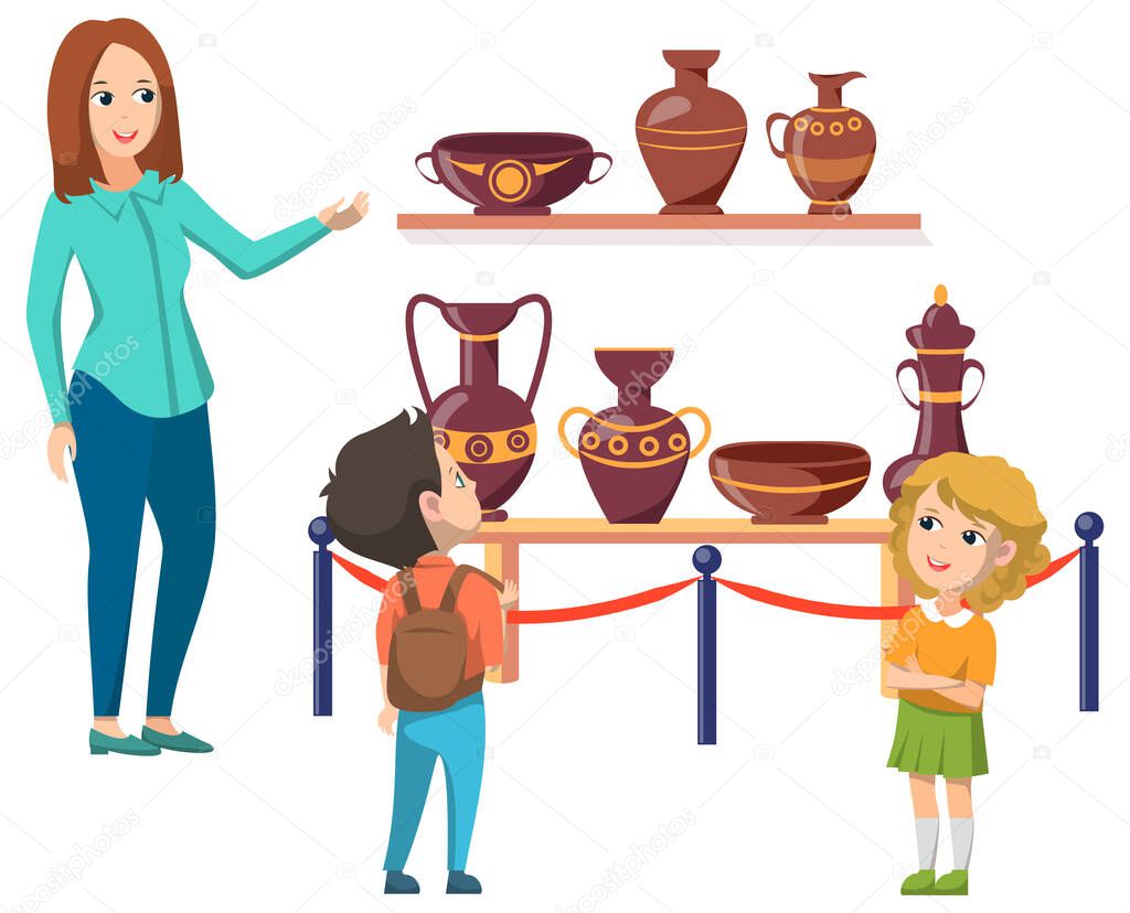 Kids in Historic Museum with Crockery Exhibition