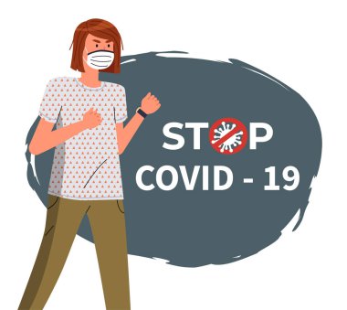 Covid-19 salgınını durdurun, yüzü maskeli kadın virüsle savaşmaya hazır, dünya salgınına hazır.