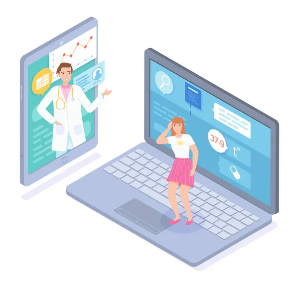 Ilustración isométrica consulta en línea con el médico a través de ordenador portátil y aplicación móvil, medicina en línea — Vector de stock