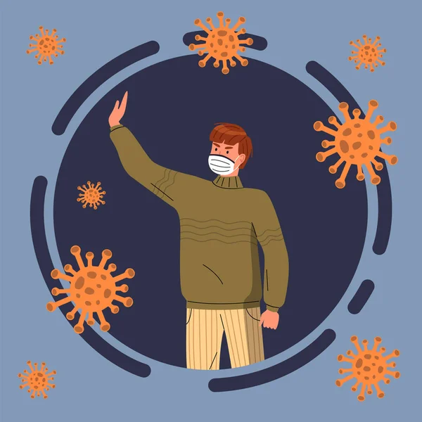 Postać z kreskówki w płaskim stylu, młody facet pokazać stop gest do latającego wirusa, rozprzestrzeniania patogenu — Wektor stockowy