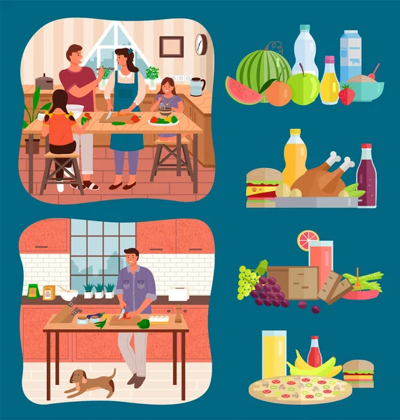 Les gens cuisinent dans la cuisine, la famille et l'homme seul — Image vectorielle