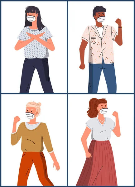 Set di personaggi dei cartoni animati in faccia maschere mediche che protestano contro il coronavirus, epidemia mondiale — Vettoriale Stock