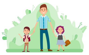 Okula dönüyoruz, Baba ve Sırt çantalı iki çocuk