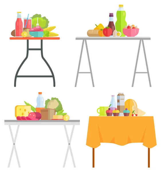 Comida y Bebidas Mesas, Ingredientes y Snack — Archivo Imágenes Vectoriales