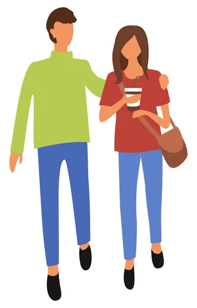 Ζευγάρι περπατώντας μαζί, άνδρας και γυναίκα με καφέ — Διανυσματικό Αρχείο