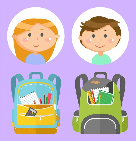 Schultaschen und Schulkinder Avatare, Schreibwaren — Stockvektor