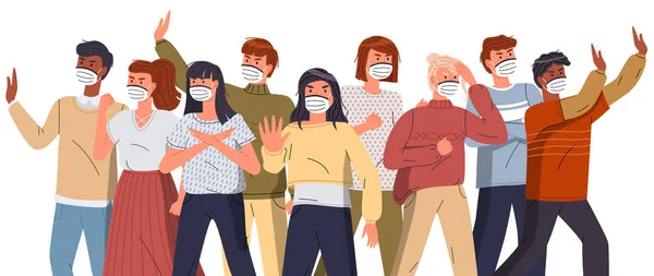 Crowd of mix race people in medical masks show stop gesture to world epidemy at white background