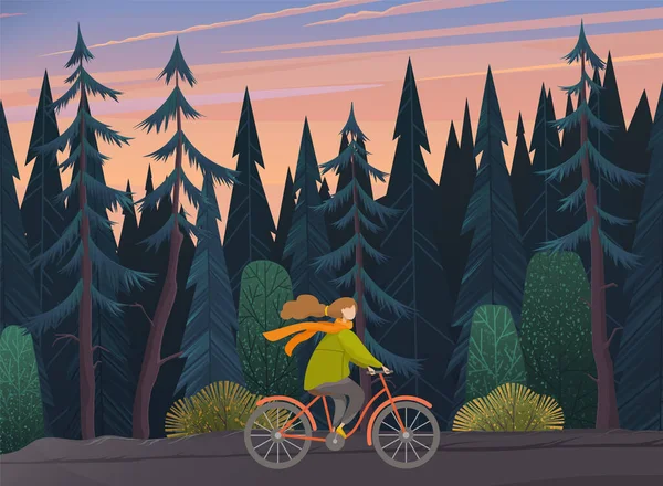 Mädchen auf dem Fahrrad. Frau, die mit dem Fahrrad auf dem Hintergrund des Waldes unterwegs ist, aktiv und gesund — Stockvektor