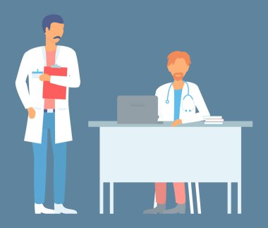 Tıp konsepti, iki doktorun hastane muayenehanesinde buluşması. Danışma ve tanı