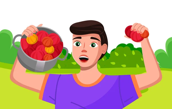 Feliz joven agricultor está sosteniendo una sartén con verduras frescas brillantes. Jardinero está orgulloso de su cosecha — Vector de stock