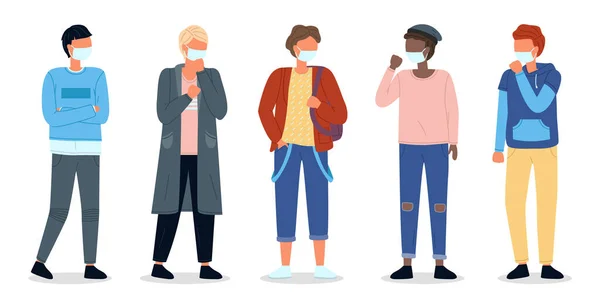 Multinationale mannen dragen gezichtsmaskers. Virale pandemie. Mensen met beschermende maskers op wit — Stockvector