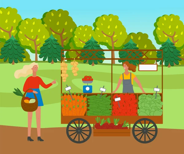 Farmer está vendiendo verduras. Mujer en mono de granjero está de pie cerca de la tienda de campaña con la cosecha — Archivo Imágenes Vectoriales