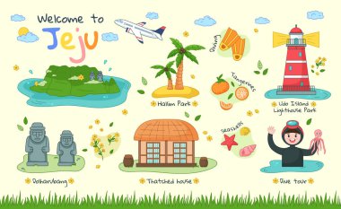 Jeju 'ya hoş geldiniz. Jeju turizmi seti Hallim Park, turizm dalışı gibi.