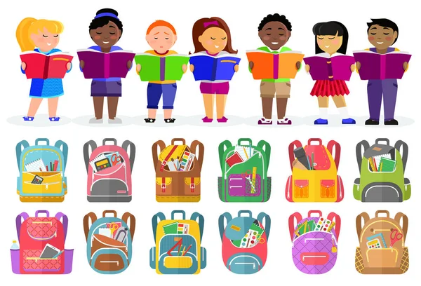 School Kids with Books, Schoolbags or Backpacks — Stock Vector