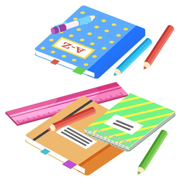 Шкільне приладдя, книги та олівці для уроків — стоковий вектор