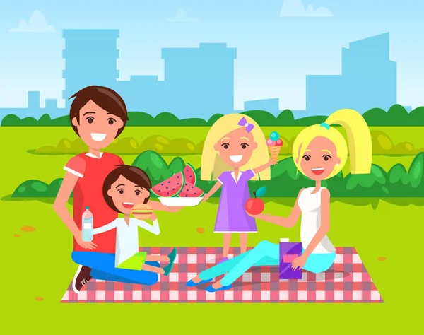 Famiglia seduta nel parco urbano e fare picnic — Vettoriale Stock