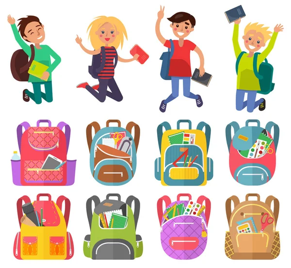 Classmates and Backpack, School Object Vector — Stock Vector