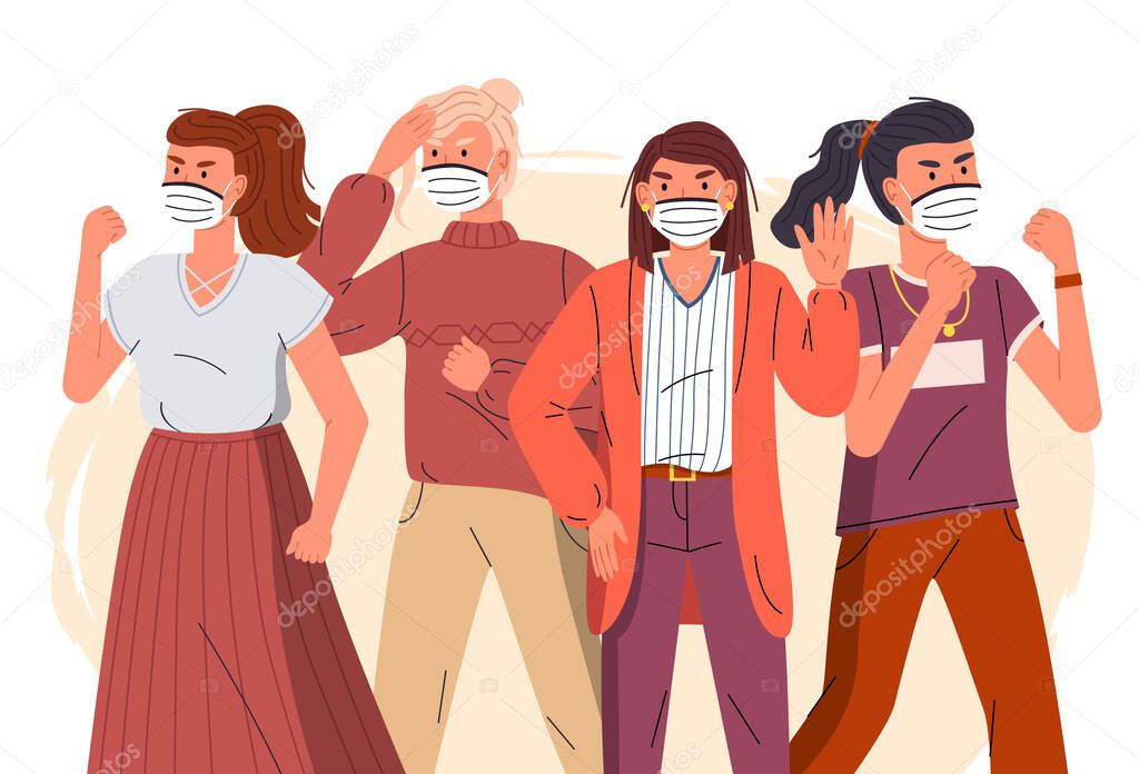 Group of women in face medical masks protesting against spreading virus, world pandemic concept
