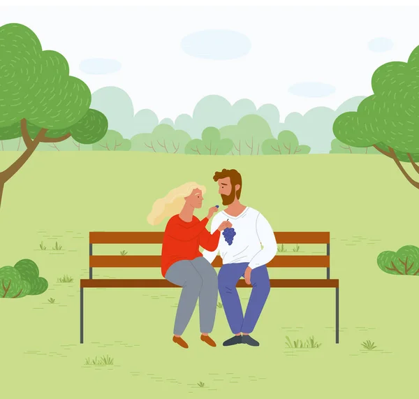 Couple Sitting on Bench and Eating Grapes Vector — Stock Vector
