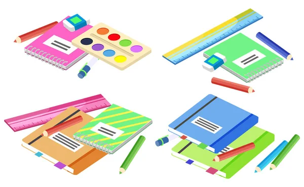 School Supplies, Books and Pencils for Lessons — Stock Vector