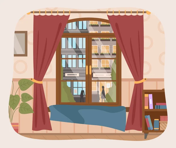 Illustration du salon, mobilier, fenêtre avec rideaux avec vue sur les grands bâtiments — Image vectorielle