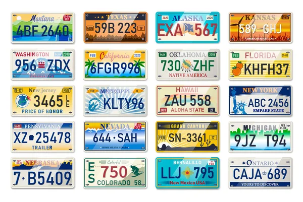 Auto placa e os números do carro conjunto de registro de veículos nos estados dos EUA. Placas de carro. Número da licença do veículo — Vetor de Stock