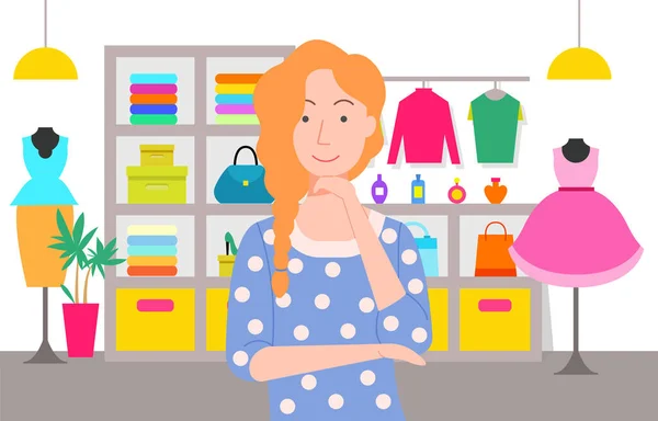 Mulher de compras na loja com roupas para senhoras — Vetor de Stock
