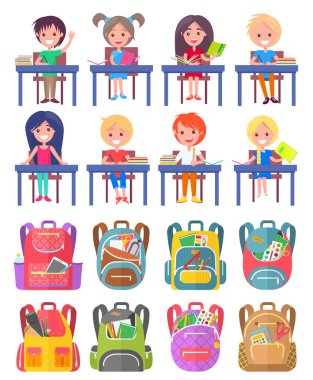 Kız ve Oğlan Çalışma, Sırt Çantası Yapıştırıcı Vektörü
