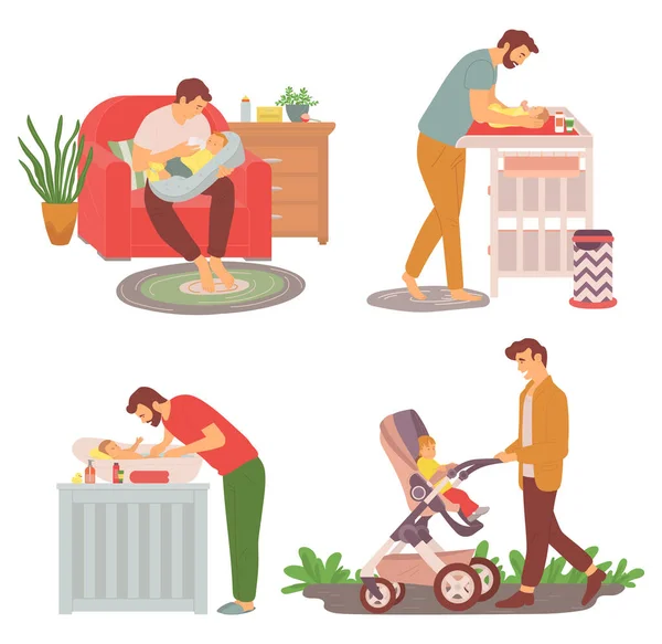 Newborn Kid and Parent, Dad Caring for Child Set — Stock Vector