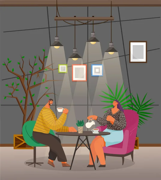 La gente se sienta en el café, Cafetería Interior con Decoración — Vector de stock