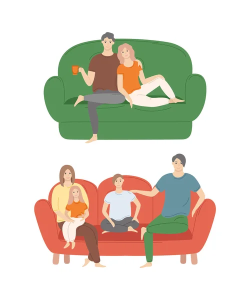 家庭でのカップルソファに座って、家族の夜 — ストックベクタ