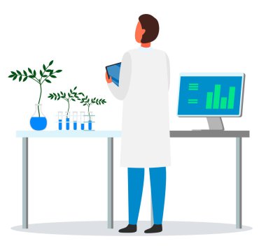 Araştırmacı, laboratuvar asistanı, tüpler ve bilgi içeren bilgisayar üreten mühendis.