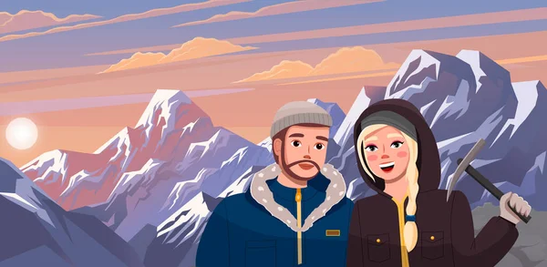 Туристический спорт, восхождение пара иллюстрации. Мужчина и женщина в походе в холодное время года в горах — стоковый вектор
