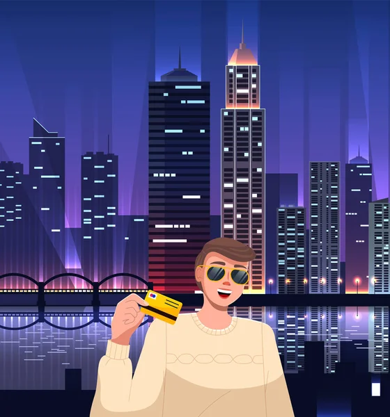 Elegante tipo rico con gafas de sol en los edificios de la ciudad brillante noche fondo, tarjeta ilimitada — Vector de stock