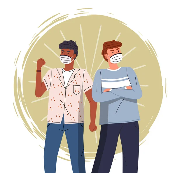 两名戴口罩的混血种族男子抗议病毒传播，世界流行病 — 图库矢量图片