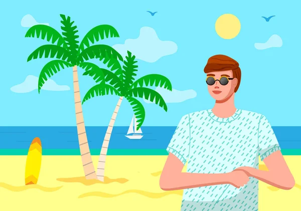 Молодой парень в солнечных очках, футболке на пляже, море, яхта, пальмы, доска для серфинга — стоковый вектор