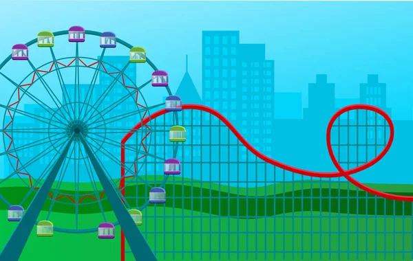 Ferris wiel met gekleurde hutten en een achtbaan te midden van grote stadsgebouwen, attractie — Stockvector