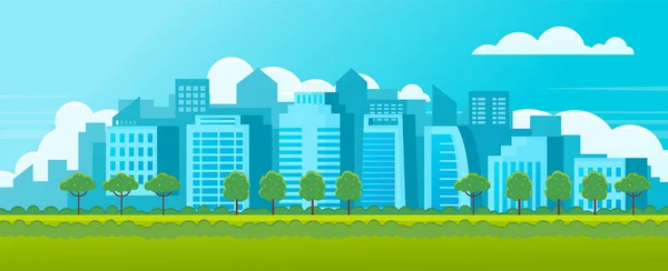Banner horizontal, cartel citylandscape con parque verde, árboles, arquitectura urbana, fondo de la ciudad — Vector de stock