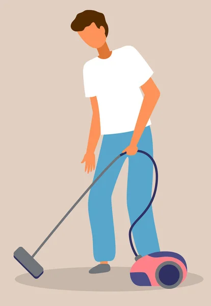 Man vacuuming icon, guy cleaning floor with vacuum cleaner, home activity during quarantine time — Stock Vector