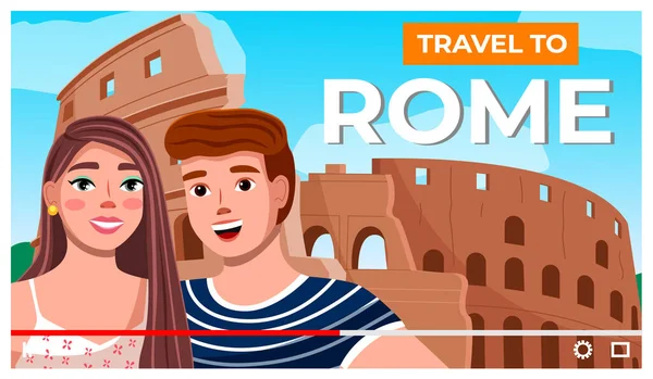 Pareja joven viajando juntos, viajar a Roma, mujer y hombre hablando de la ciudad visitada, jugador — Vector de stock